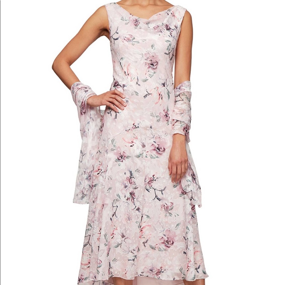Alex Evenings Floral Burnout Cowl Neck Dress Sz 12